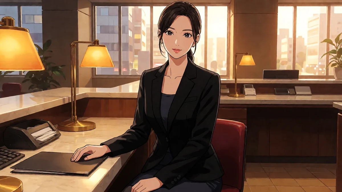 色色漫画办公室主题插画:成年女性穿黑色短外套和半裙,坐在暖光办公桌旁